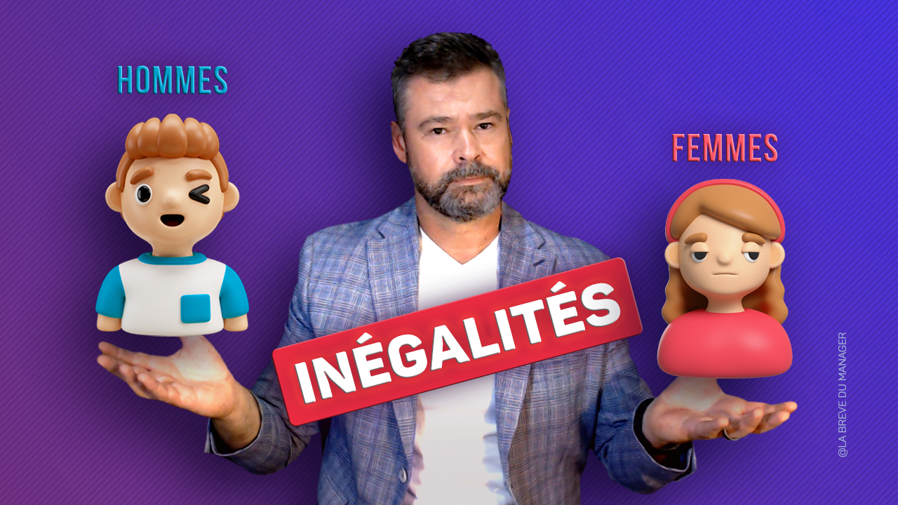 Clément Bergon entre deux personnages représentant un homme et une femme, avec le texte « Inégalités ».