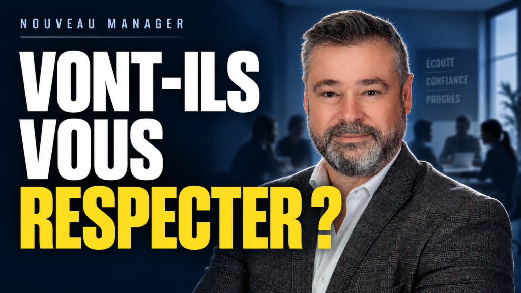 Clément Bergon devant une équipe, avec le texte « Nouveau manager : vont-ils vous respecter ? ».