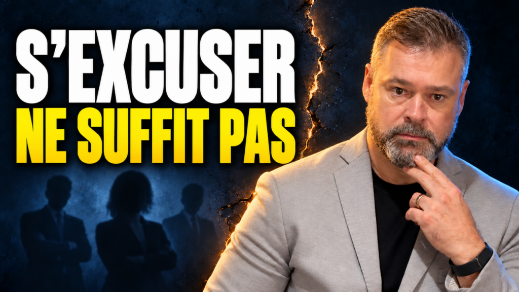 Clément Bergon et une équipe en arrière-plan, avec le message « S’excuser ne suffit pas ».