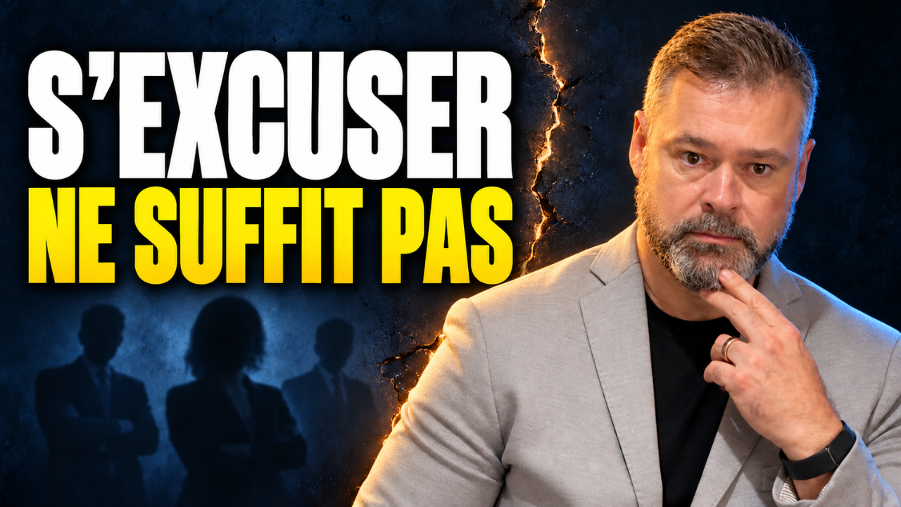 Clément Bergon et une équipe en arrière-plan, avec le message « S’excuser ne suffit pas ».