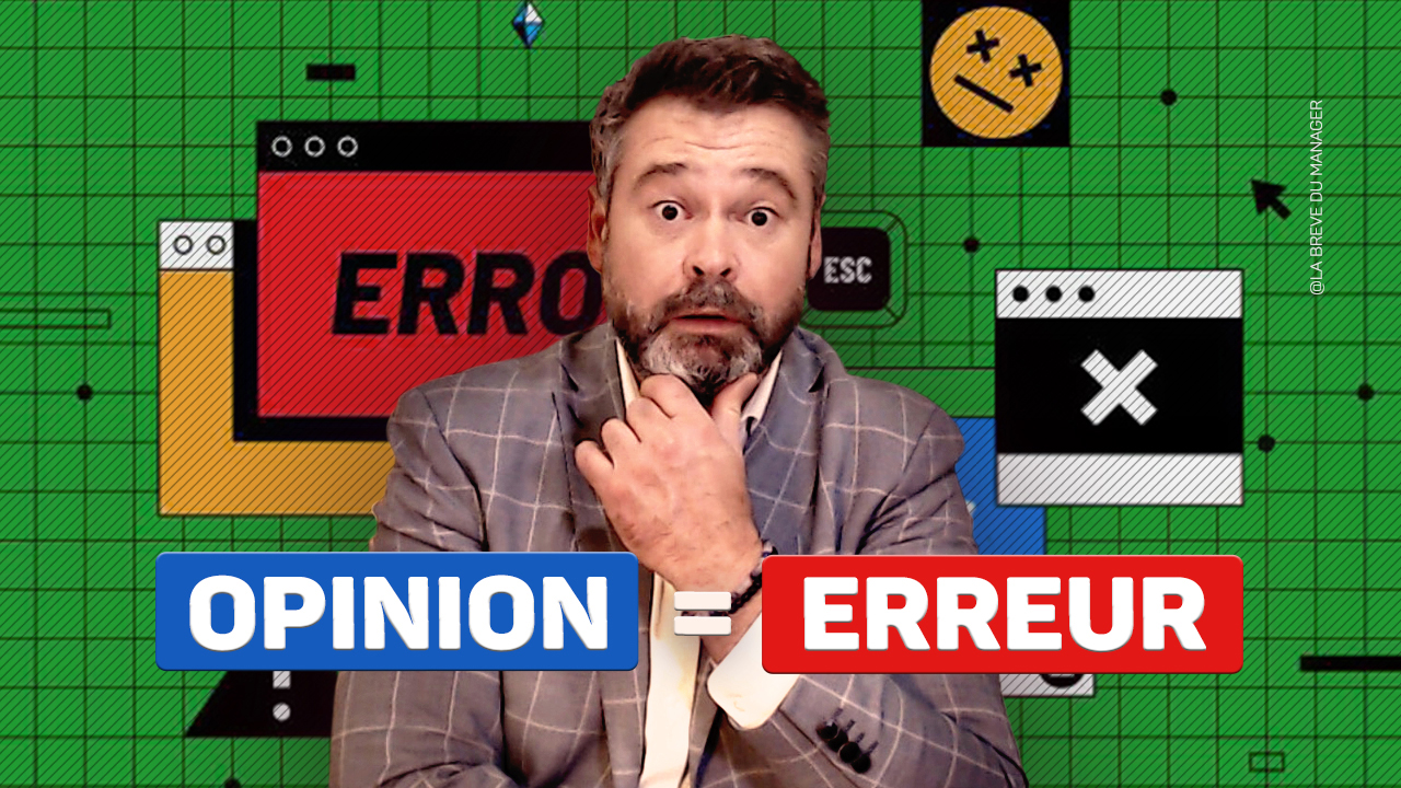 Clément Bergon devant des symboles d’erreur et le texte « Opinion = erreur ».