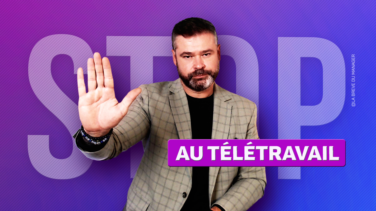 Clément Bergon tend la main devant le texte « Stop au télétravail ».